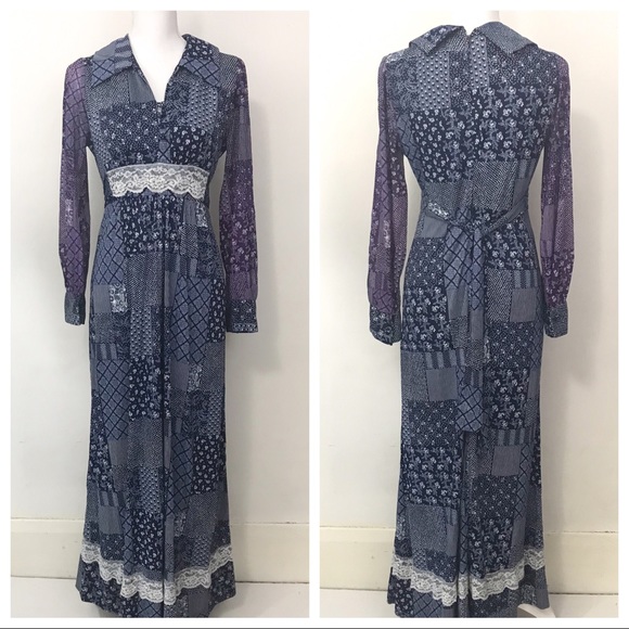 Vintage Prairie Maxi Dress Lace Trim Patchwork 70s - Picture 2 of 8
